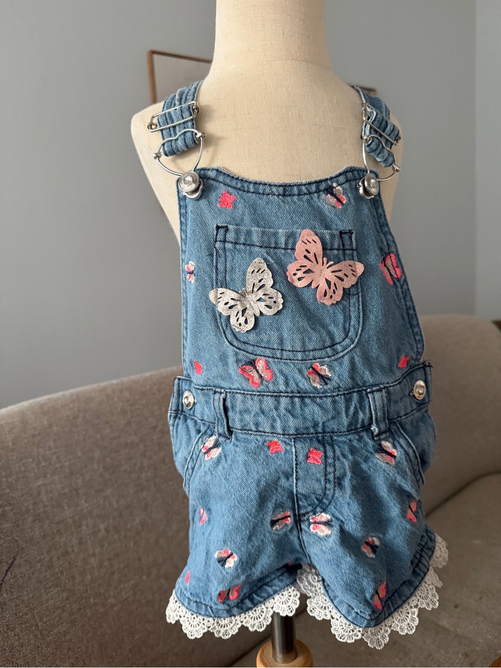 Kids Denim Butterfly Shortalls - Blue